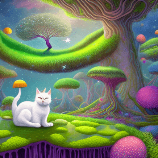 AI generated: A vibrant, colorful scene, majestic white cat on a floating island, galaxy of stars and floating pla...