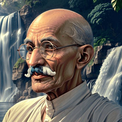 AI generated: Mahatma Gandhi Stunning visual photograph of an older, bald man wearing round clear glasses, which d...