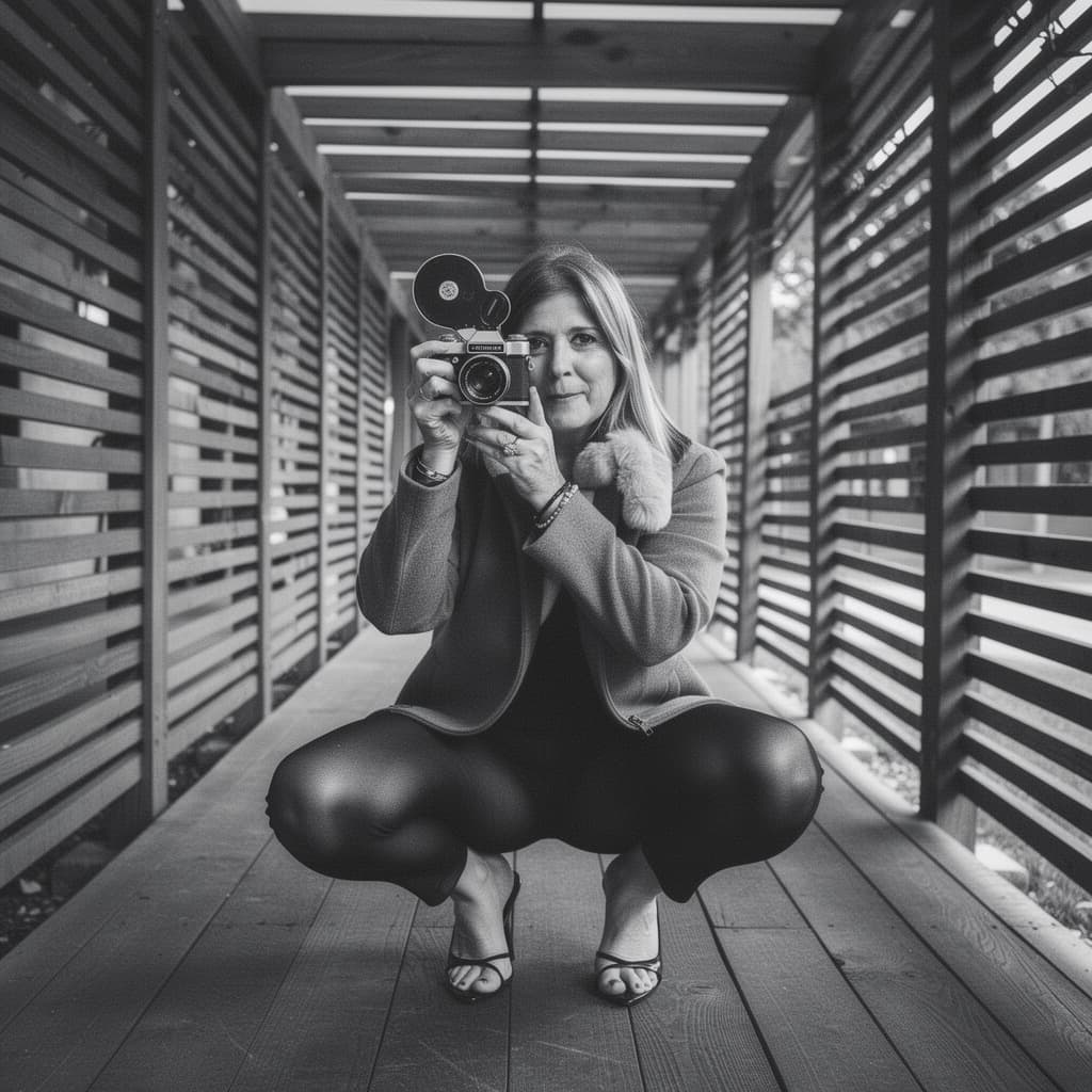 AI generated: High-contrast black and white full-body photograph of a glamorous woman in a low, athletic squatting...