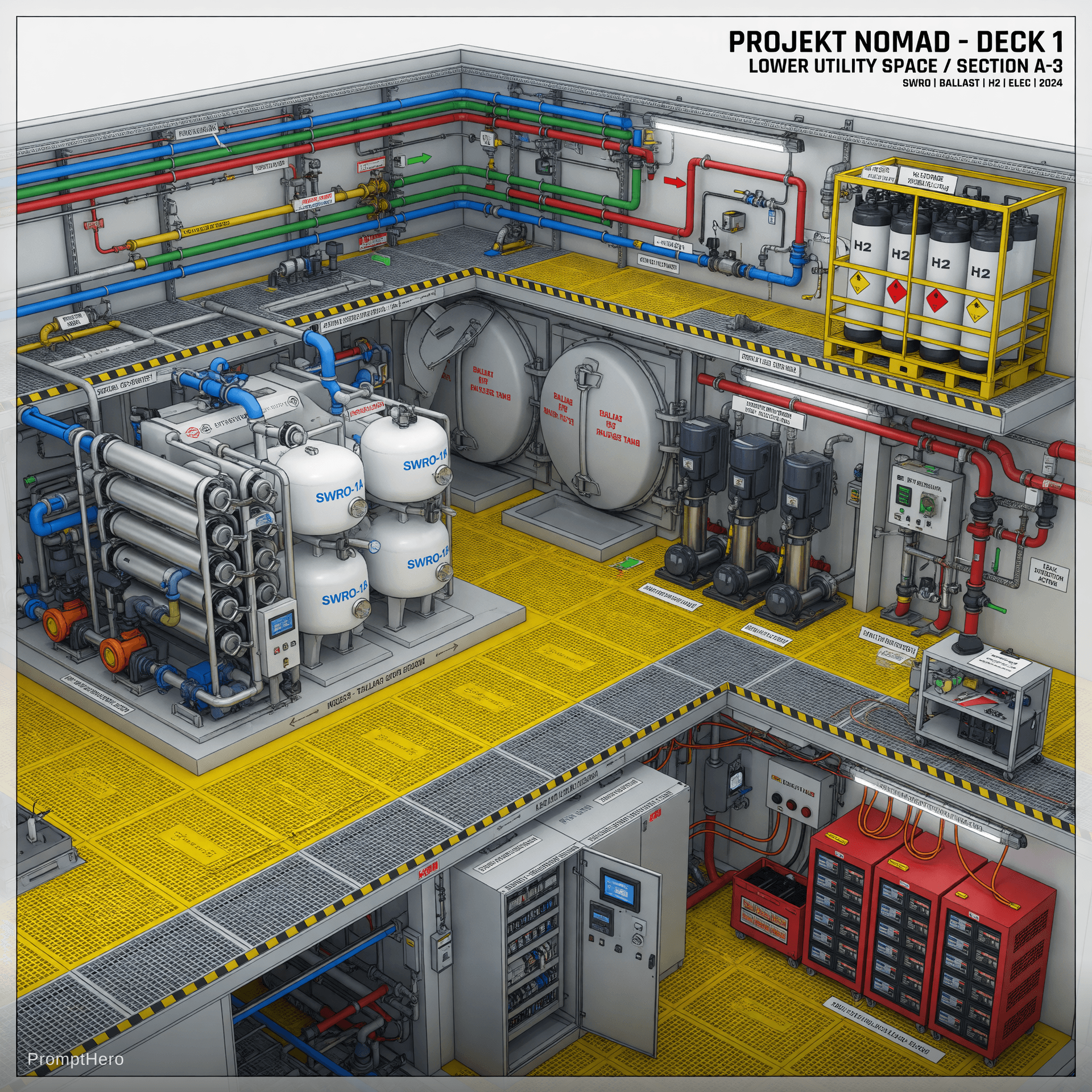 AI generated: Highly detailed technical interior close-up of Deck 1 lower technical area on Projekt Nomad, clean e...