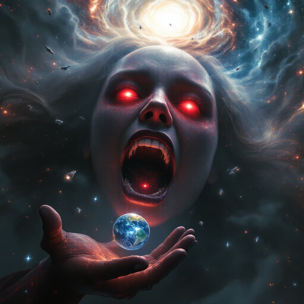 AI generated: enormous giantess elizabeth olsen scarlet witch
bigger than a galaxy  floating in space, minuscule g...
