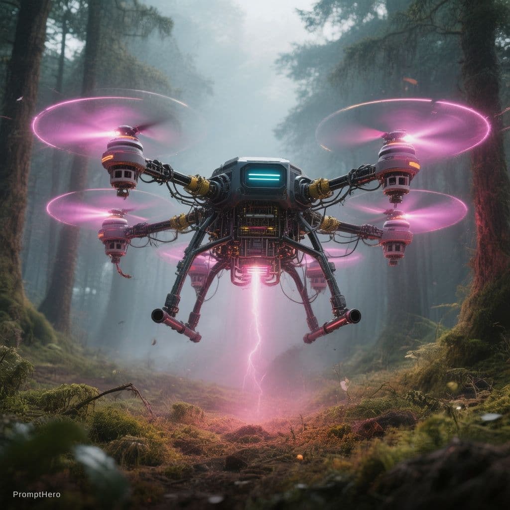 AI generated: Yanmış bir orman arazisi üzerinde lazer tarama yapan ve otonom tohumlama gerçekleştiren drone filola...