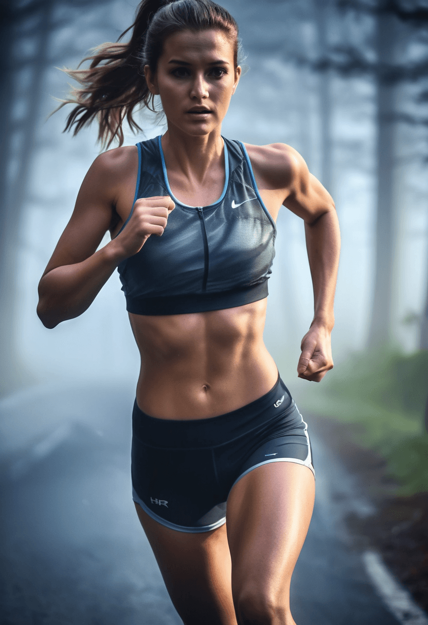 AI generated: closeup of a woman, running toward the viewer through dense fog early in the morning, wearing a spor...