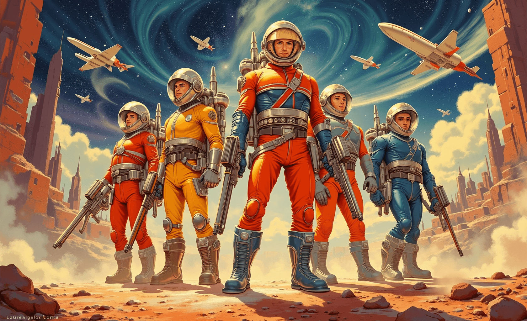 AI generated: A dynamic scene inspired by classic 1930s sci-fi, featuring heroic figures resembling Buck Rogers an...