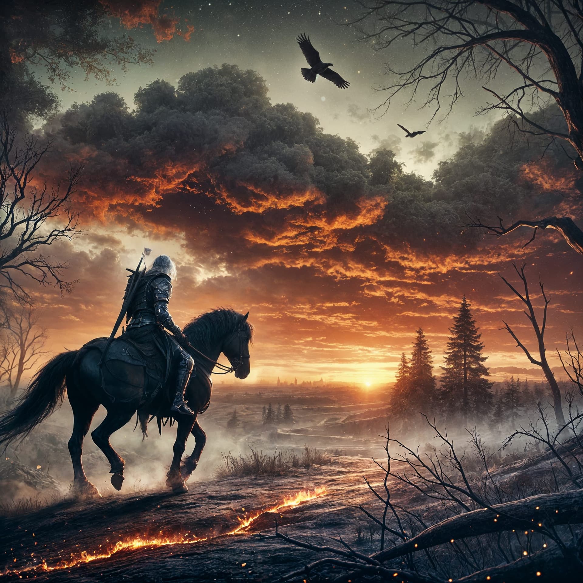 AI generated: A dark fantasy digital illustration of a lone warrior riding a black horse through a desolate landsc...