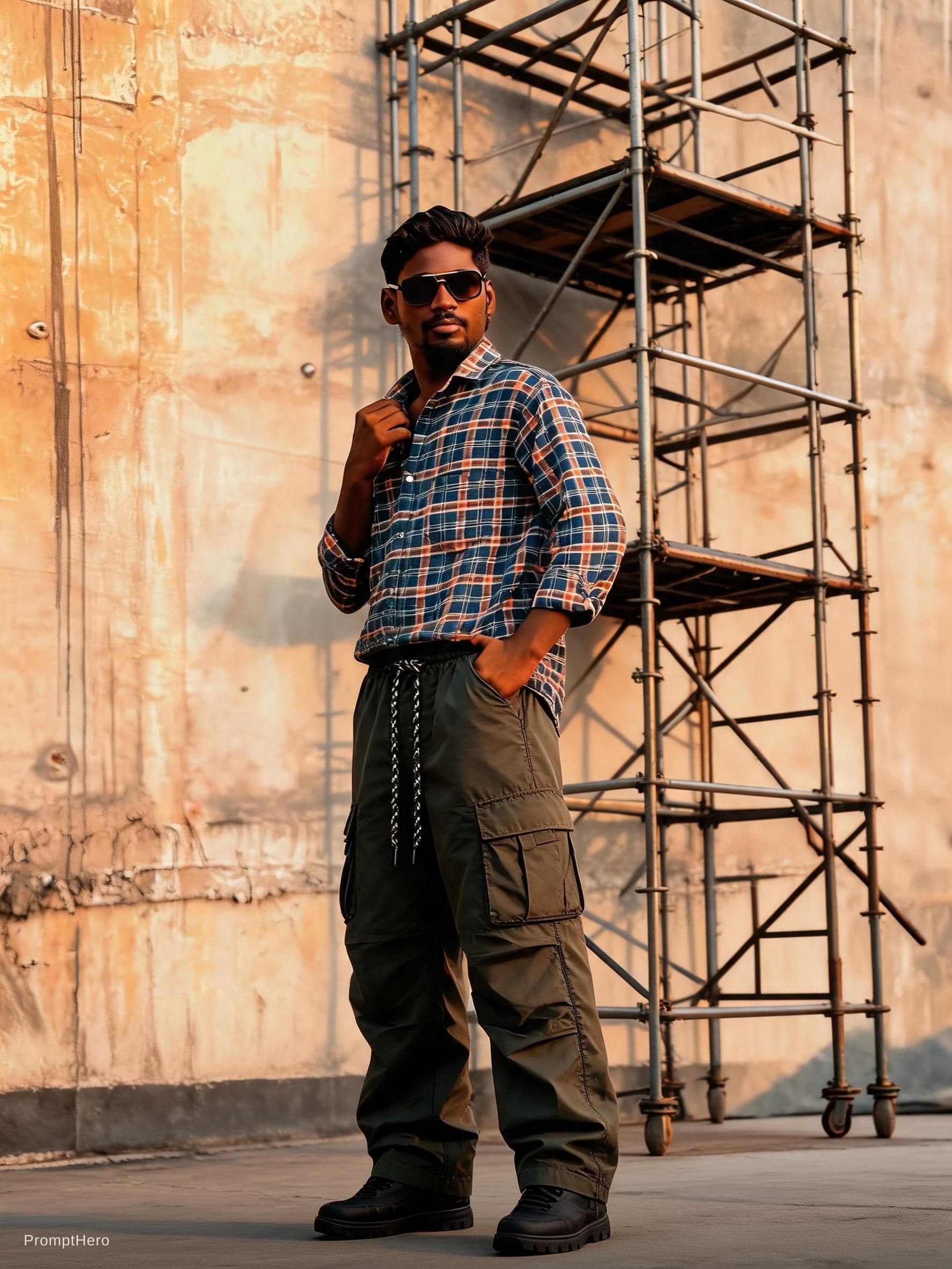 AI generated: photorealistic, wide angle, toe to head composition, distorted, street style of fashion, man model, ...