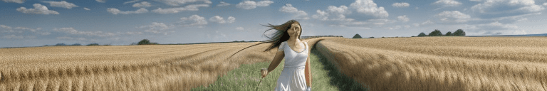 AI generated: HDR photo of woman, smiling, long brunette hair, arms out, walking through a field of wheat on a par...