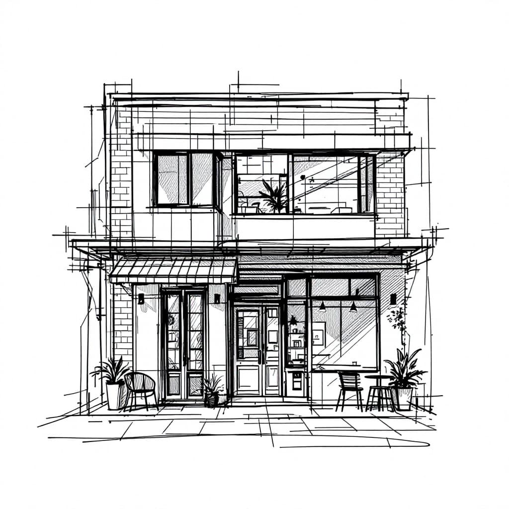 AI generated: architectural sketch, central composition, bauhaus style, two story contemporary cafe facade design,...