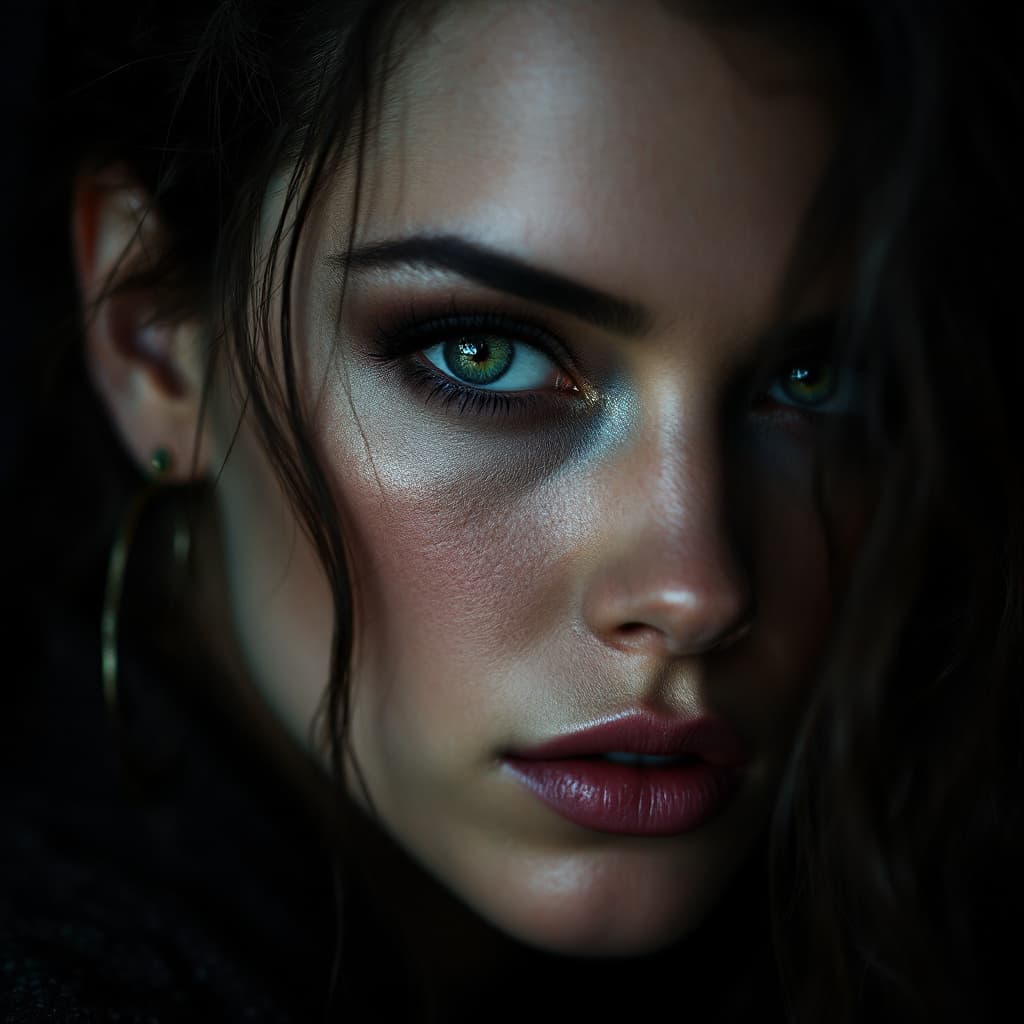 AI generated: A close-up color portrait of kristen stewart, the woman's face very detailed, with a striking look, ...