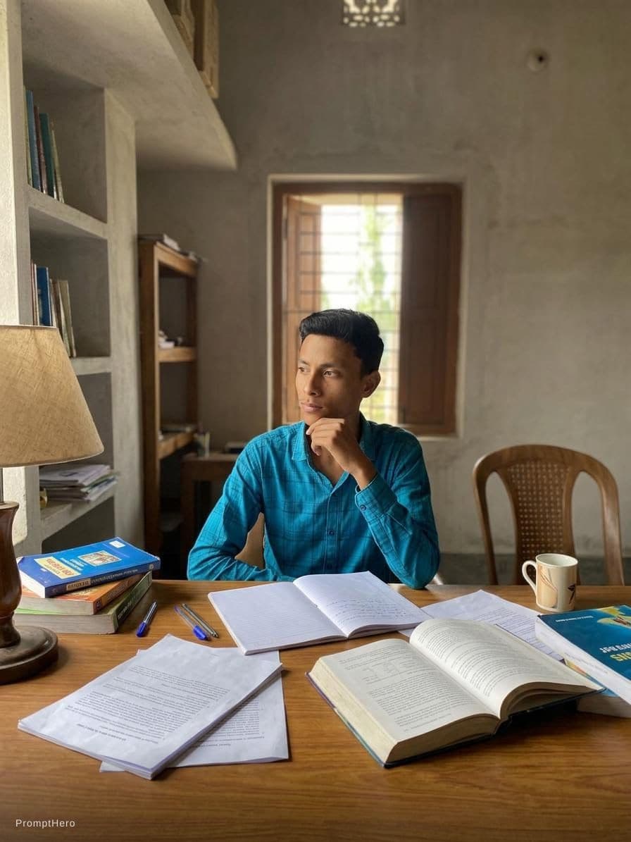 AI generated: A young boy sitting alone at a study desk, surrounded by books and a notebook, with a thoughtful exp...