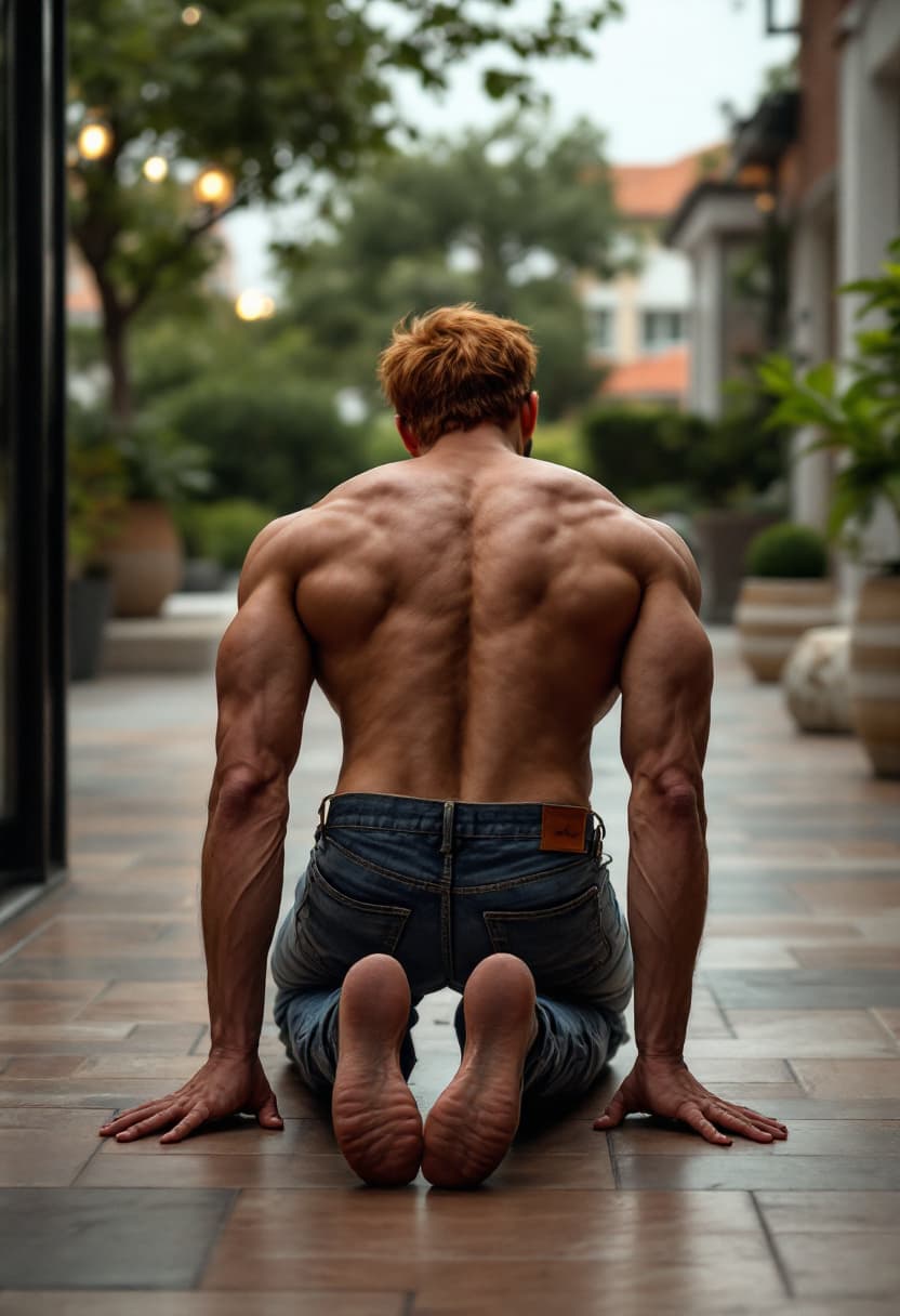 AI generated: high-resolution photo, back view, A person on hands and knees with their back arched slightly lookin...