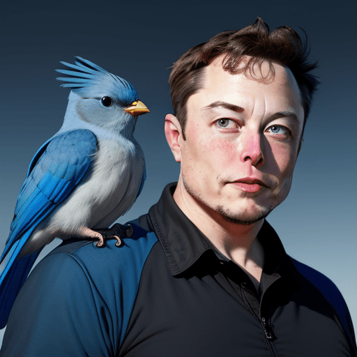 AI generated: front shot of (Elon Musk) with the (blue (twitter) bird) perched on his shoulder,  8k, hyperrealisti...