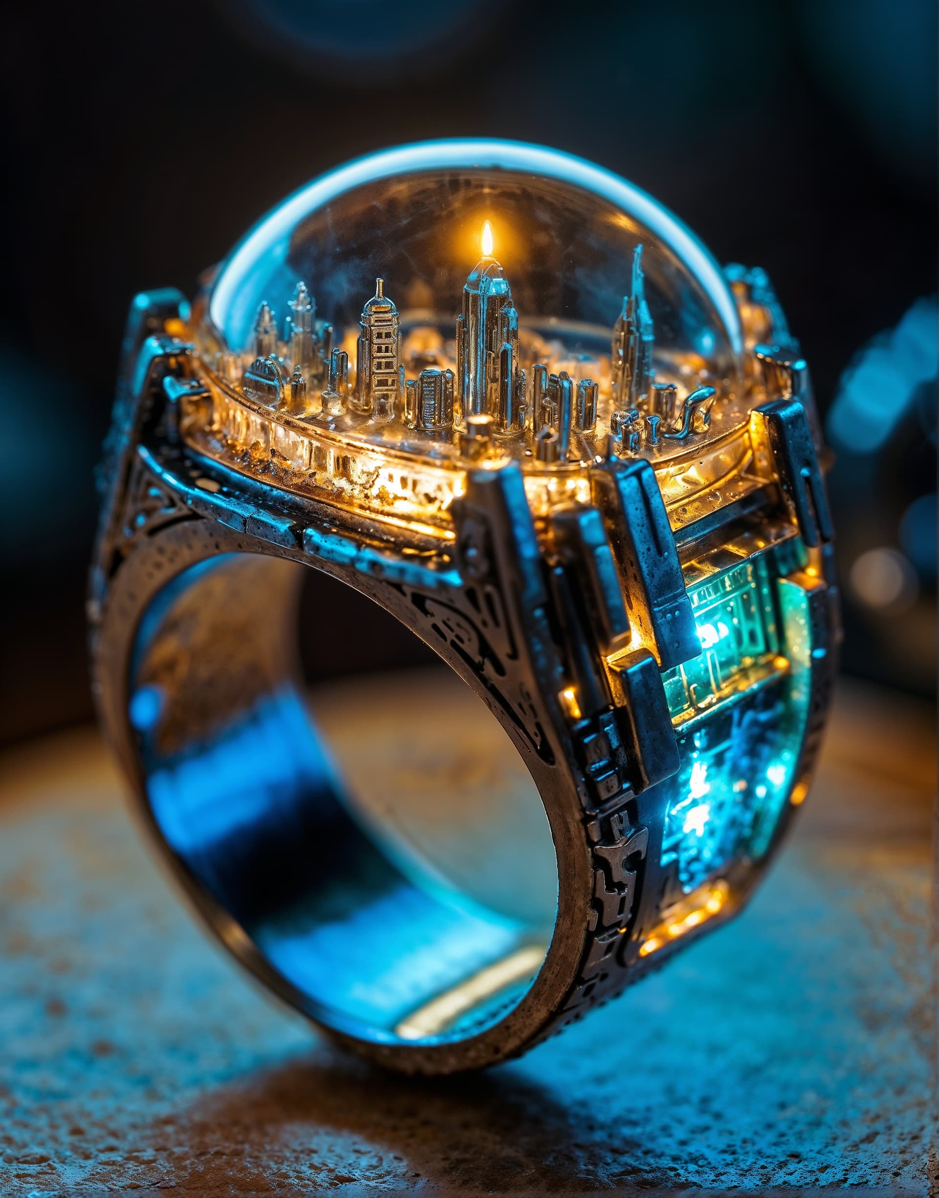 AI generated: By Alexander Jansson and Android Jones || A HUGE beautiful intricate resin ring with sci-fi LEDs, ma...
