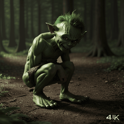 AI generated: a cute little shy green goblin with very big feet in a forest, cinematic light, 4k, photorealistic, ...