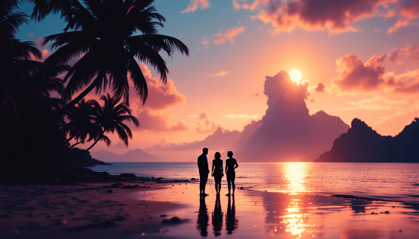AI generated: Black silhouettes of Two couples talking in a tropical beach, summer, hyper-realistic, vivid colors,...