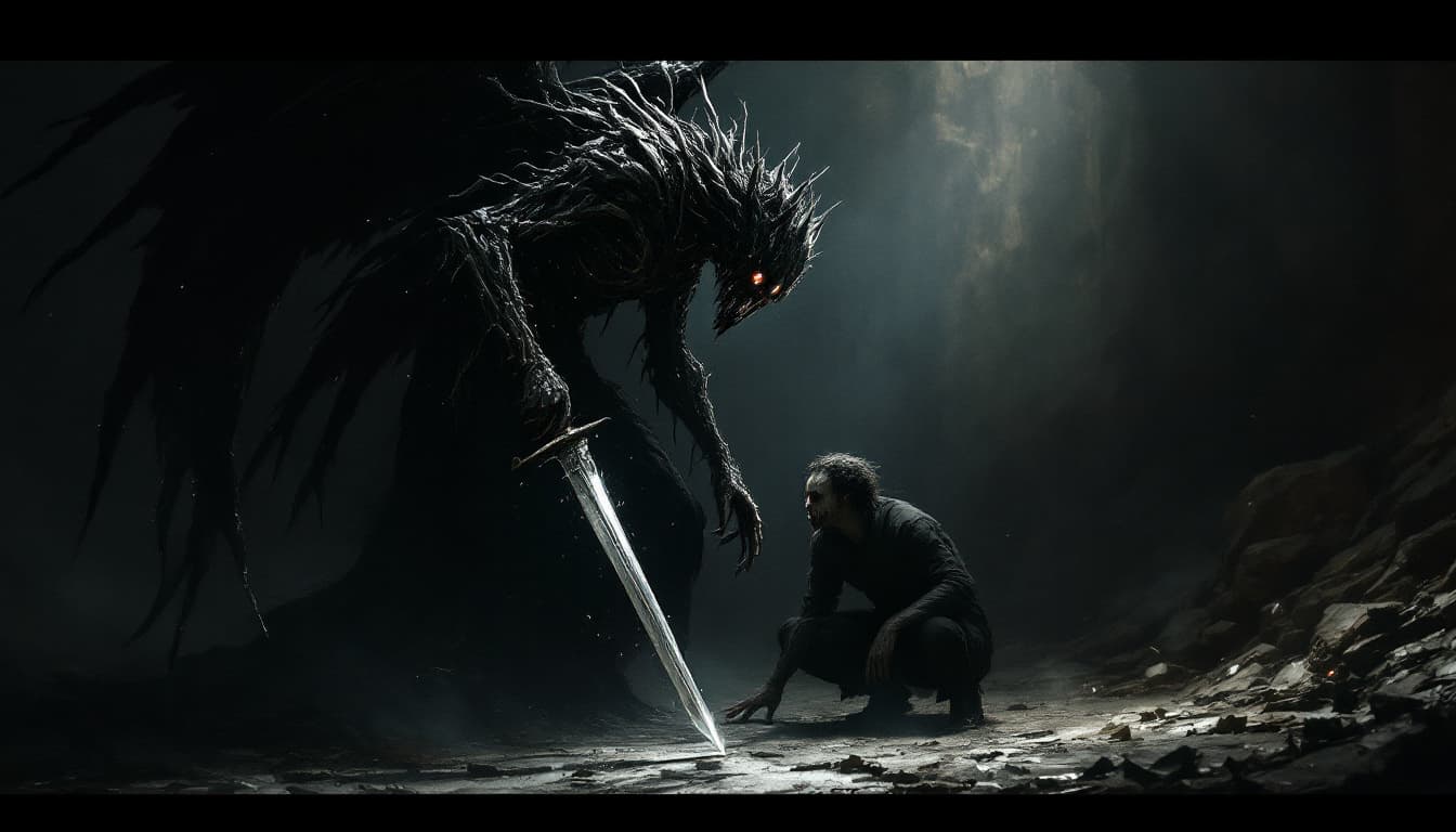 AI generated: A dark and macabre 9:21 portrait depicting a side-view of a twisted, abominable angel, wielding a sw...