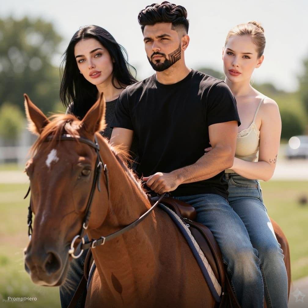 AI generated: Three people riding on a single horse man seat between two girls and hold her tightly girls in bikin...