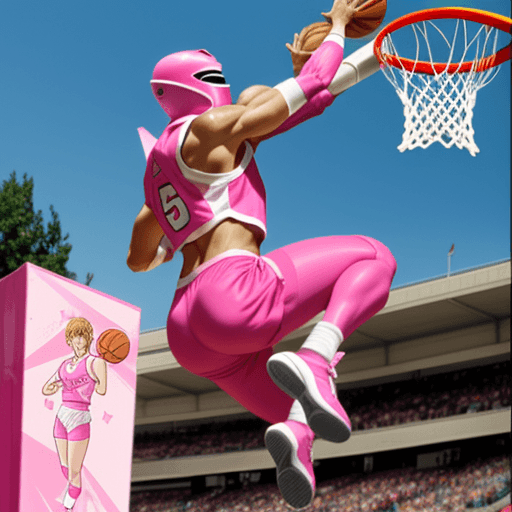 AI generated: Pink power ranger slam dunking
