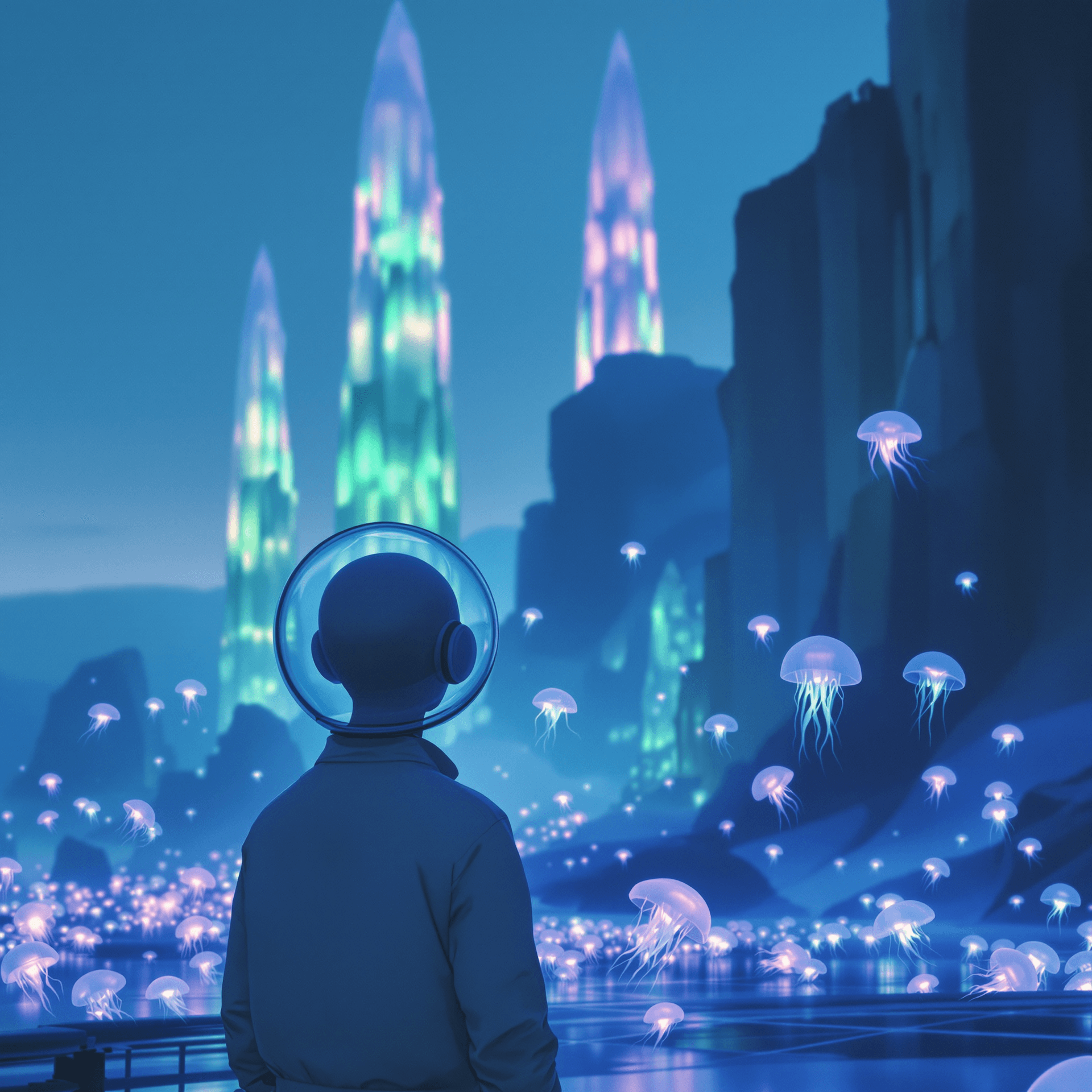 AI generated: minimalist sci-fi scene, lone figure in transparent bubble helmet observing floating bioluminescent ...
