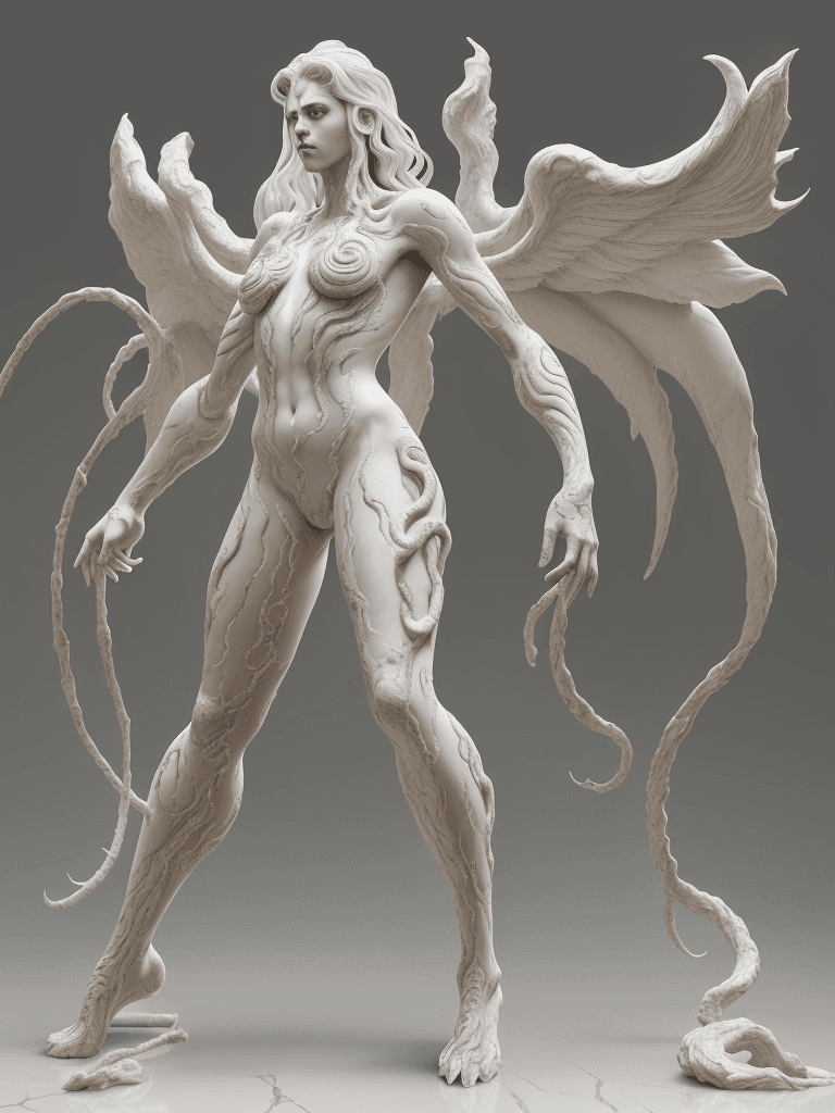 AI generated: Long shot full body medusa, The skin was stretched all over the body. It had chicken legs and iron w...