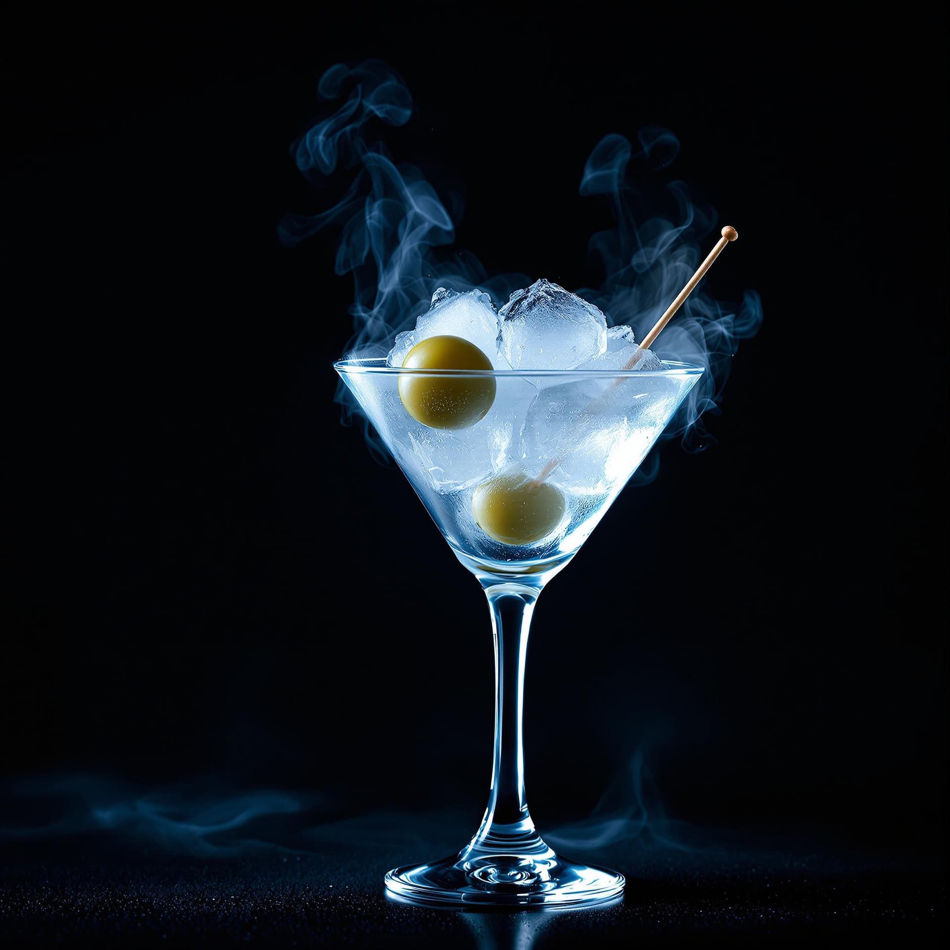 AI generated: award-winning photography of a perfect martini with dry ice cubes in the vodka and fumes rising from...