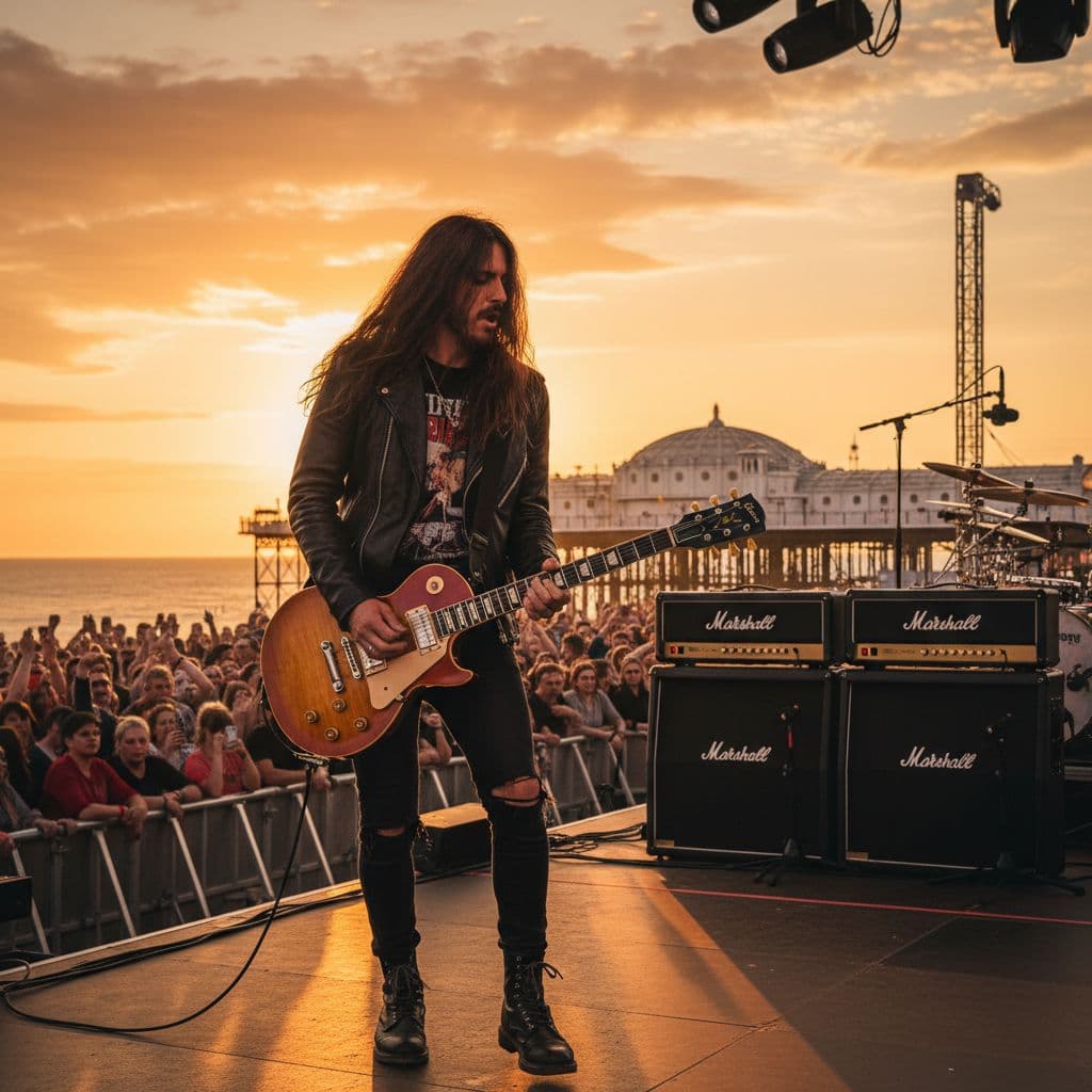 AI generated: Guitarrist with long hair with a les paul in a stage with the sunset Brighton

