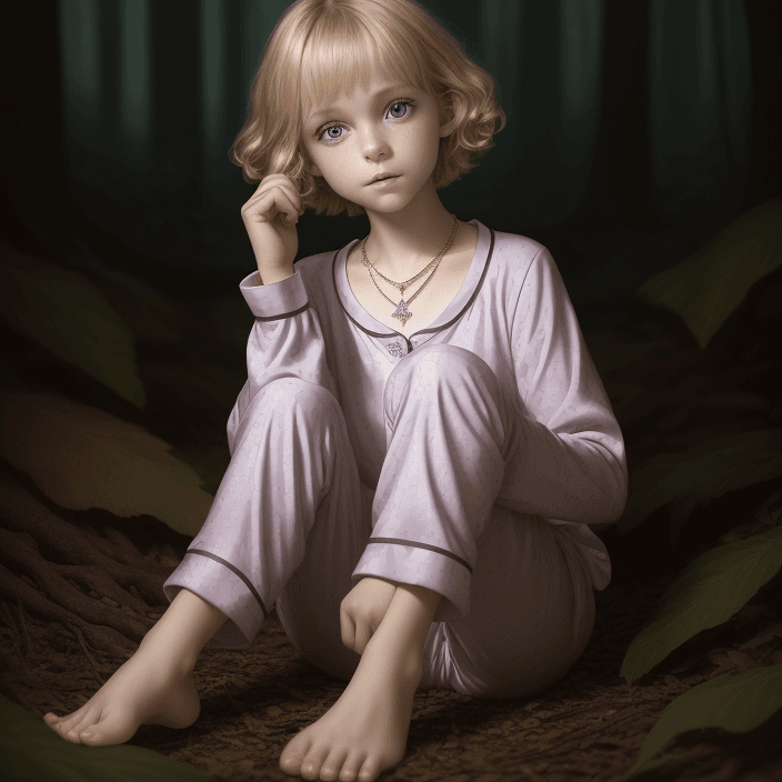 AI generated: Sarah Miller, super cute 12 years old girl, short hairs, blonde hairs, necklace, wearing pajamas, lo...