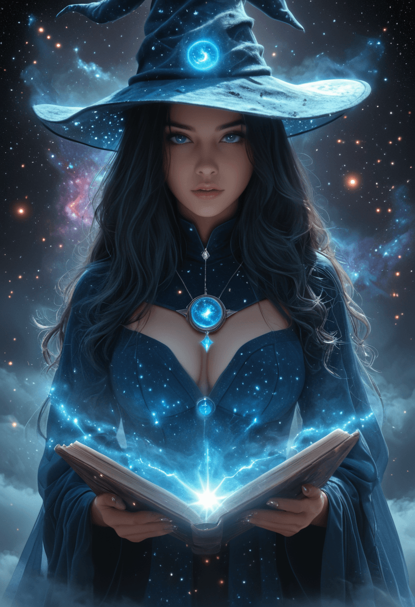 AI generated: Cosmic witch,nebula,stars,highres,realistic,<lora:FantasyWizardWitchesXLV3:1>,hkmagic,<lora:add-deta...