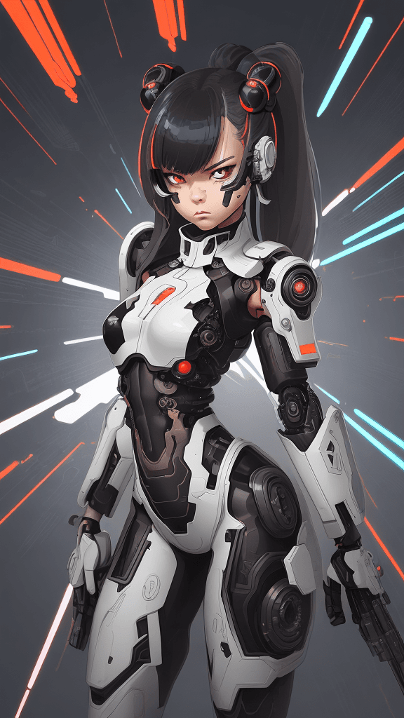 AI generated: in a neutral background portrait of little ((((Cyborg/army/female)))):4.4, shoot a ((((weapon))):4.4...
