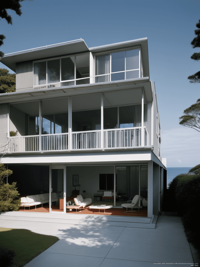 AI generated: Hyper realistic eye level exterior photo of a mid century modern style house overlooking the ocean, ...