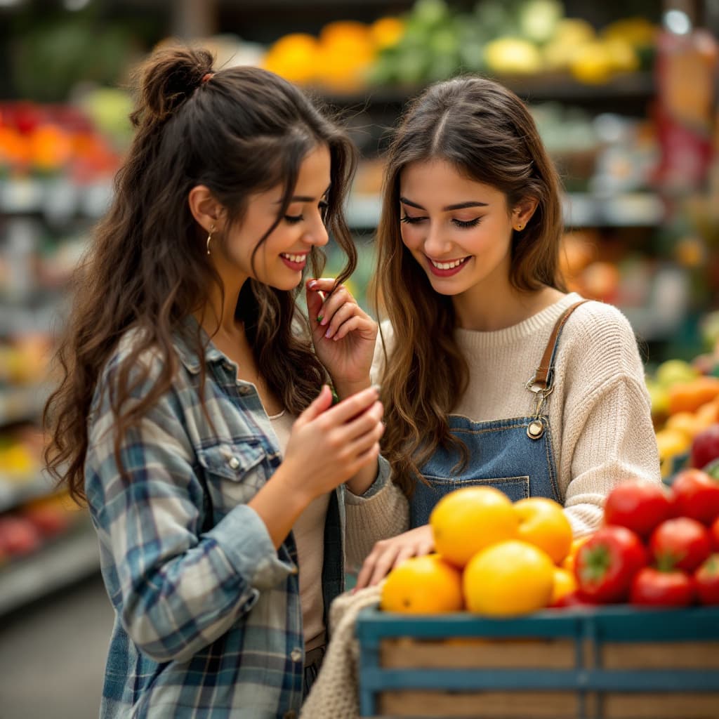 AI generated: a beautiful house wife and pretty daughter go to supermarket, buy fruit, Rich colors.