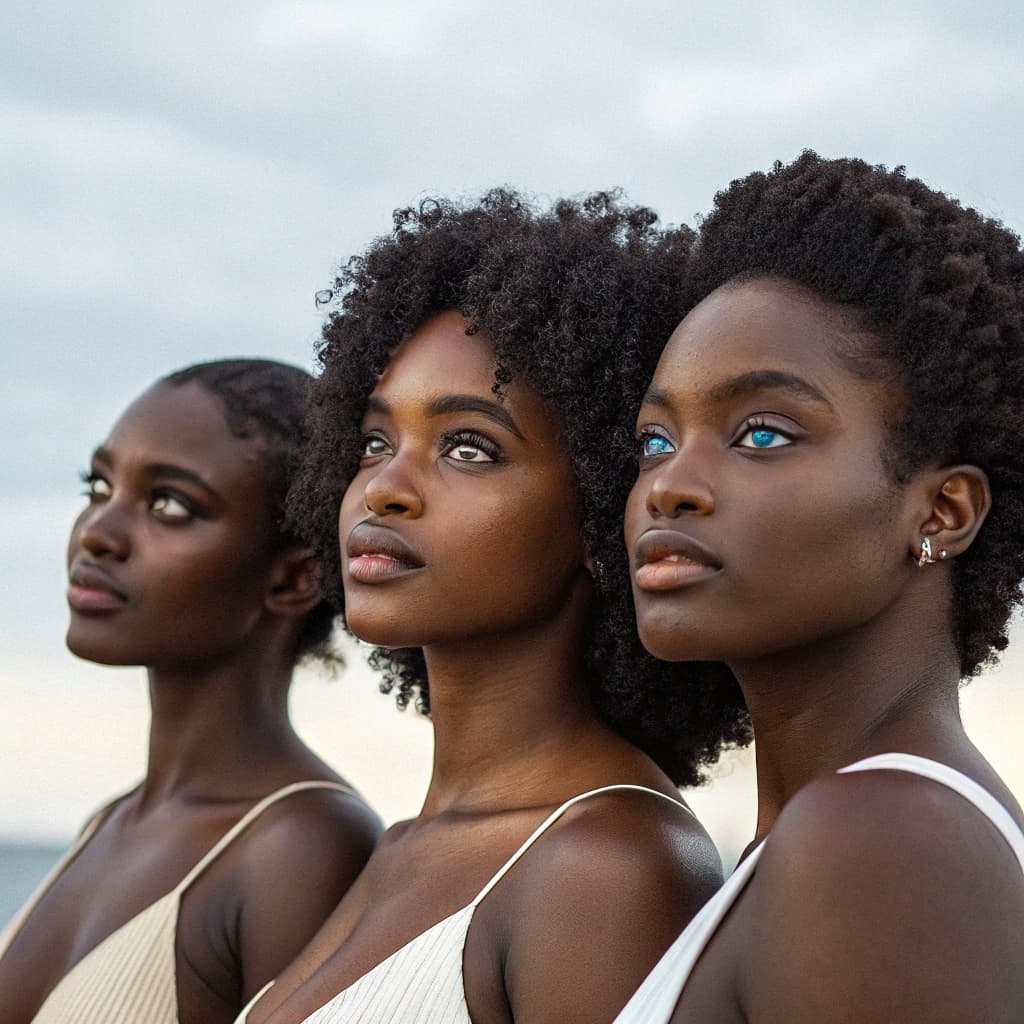 AI generated: a view of dark skinned women with curves and blue eyes. 