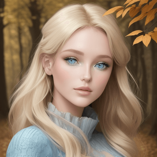 AI generated:  je veux une jolie femme  realiste au yeux bleu chevelure blonde de face en arrière plan la foret en...