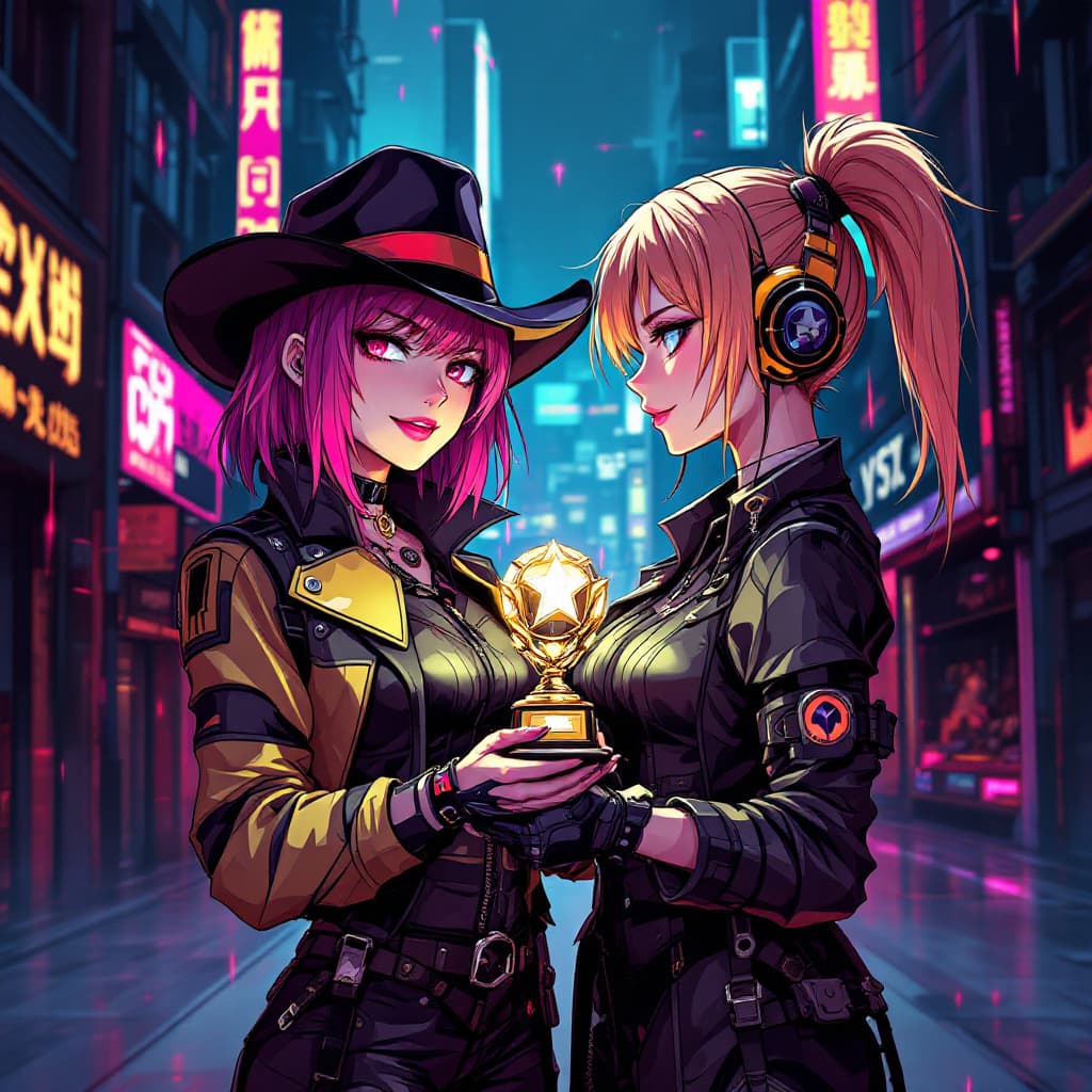 AI generated: Anime cyberpunk cowboys and girls holding an award in a cyber punk business