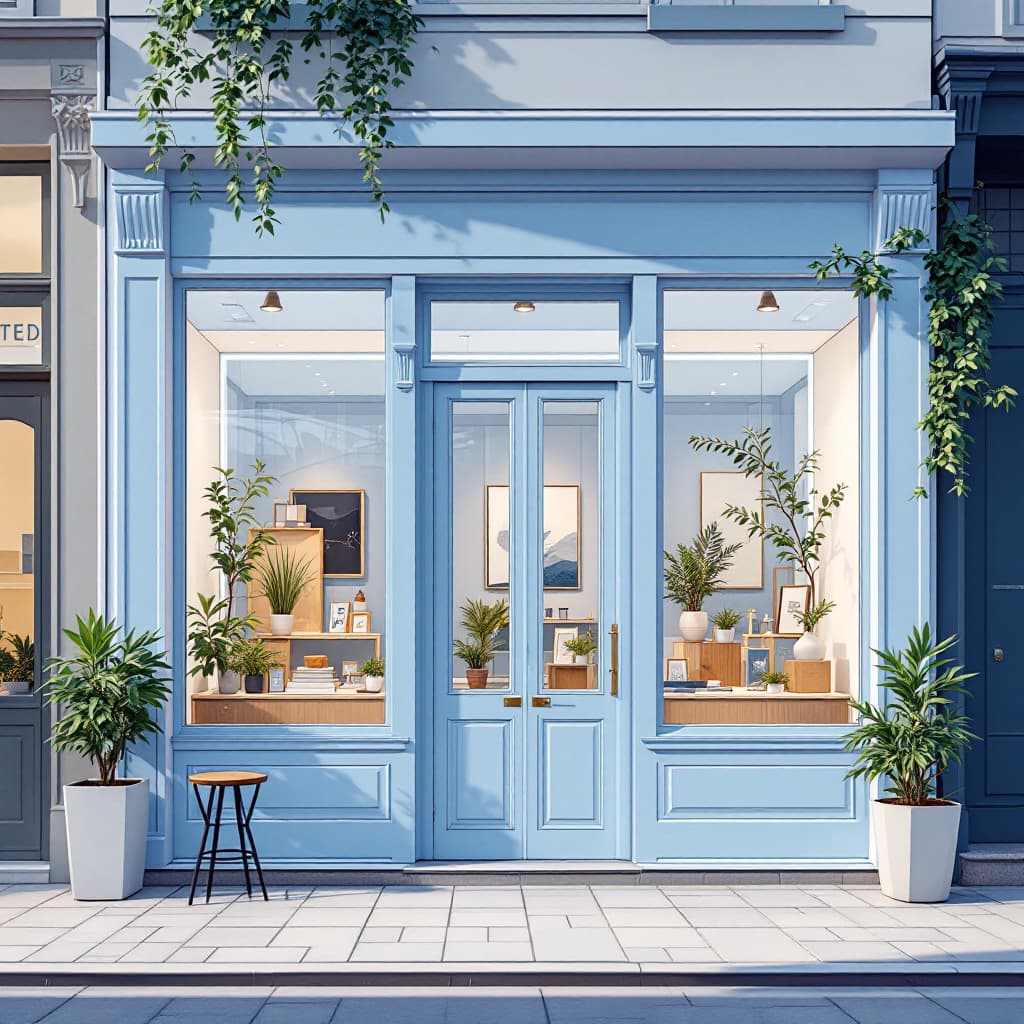 AI generated: 
illustration, store facade, facade feature clean lines with a sophisticated pastel blue palette, in...