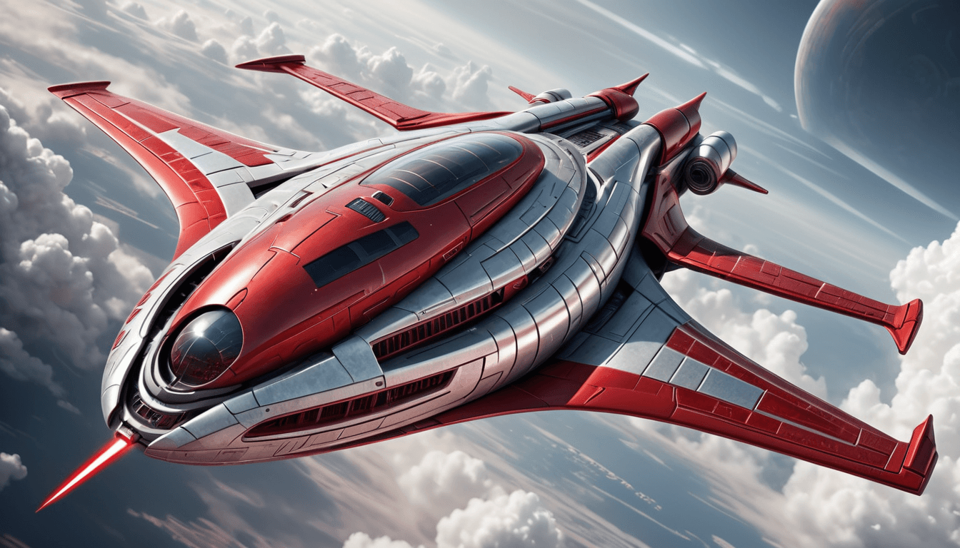 AI generated: a futuristic spacecraft flying through the sky, red and silver color, in the style of star wars, sle...