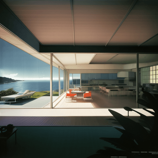 AI generated: Hyper realistic eye level exterior photo of a mid century modern style house overlooking the ocean, ...