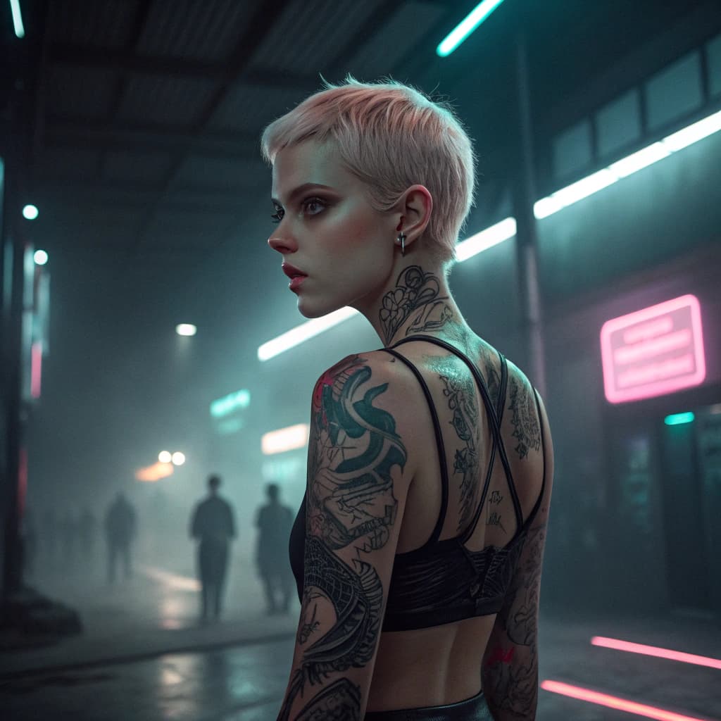 AI generated: 1girl, 18yo, serious bad ass, short hair girl, caucasian, light pink hair, North-european, naked, se...