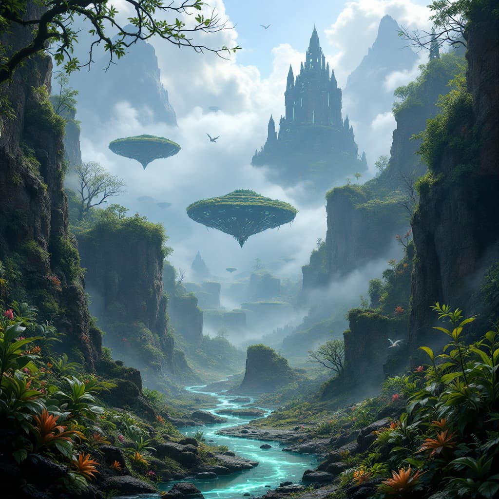 AI generated: A fantastical, mysterious landscape set in an ancient, magical world. The terrain is a mix of lush, ...