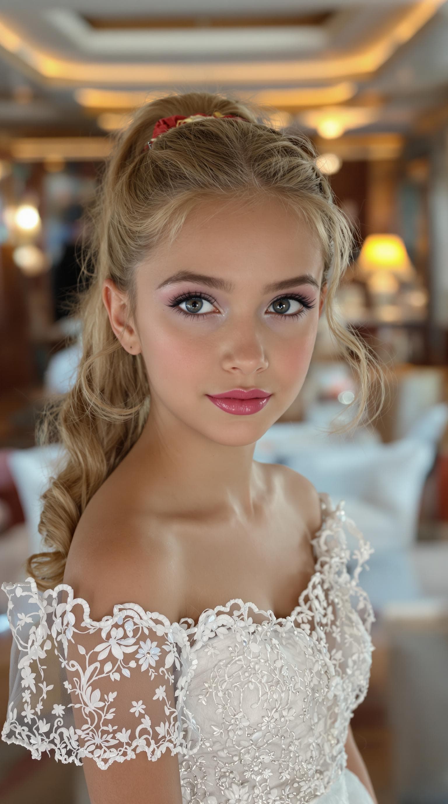 AI generated: a professional photo of a exceptionally beautiful girl aboard the Queen Mary (age 11), (eleven year ...