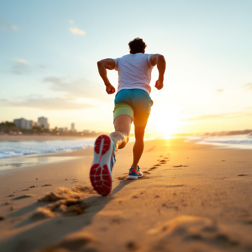 AI generated: "A hyper-realistic 3D image of a 40-year-old Latino fitness runner in action, running on the beach a...
