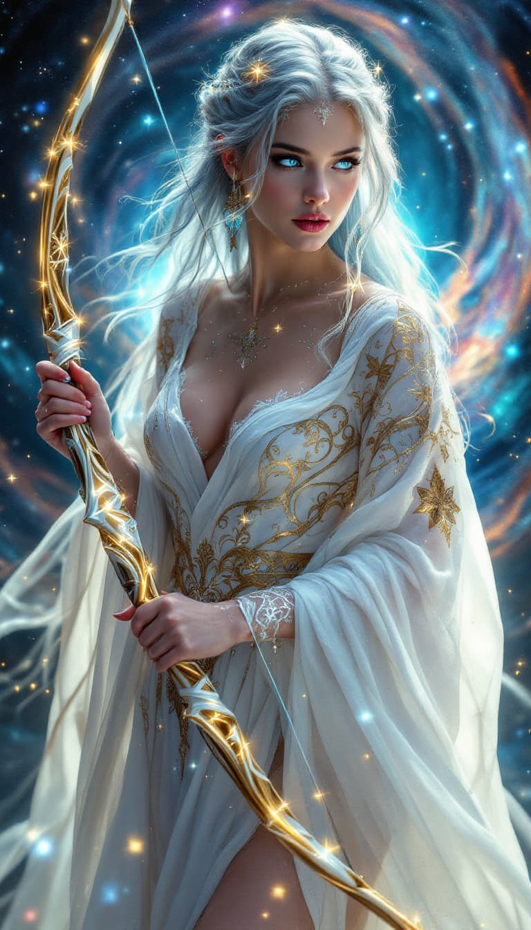 AI generated: An ultra-realistic, full-body portrait of a celestial archer woman, emanating grace, precision, and ...