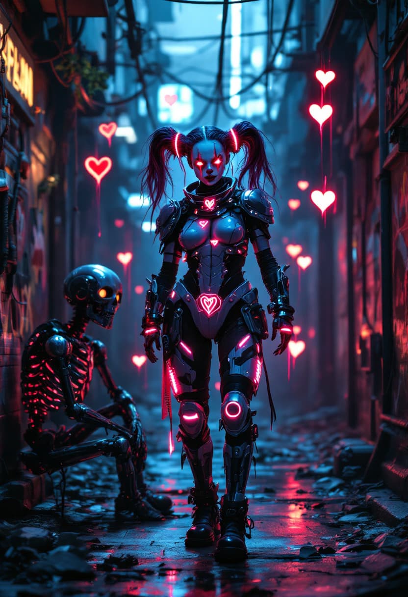 AI generated: Cyberpunk clown-inspired humanoid character with glowing red face markings and neon pigtail extensio...