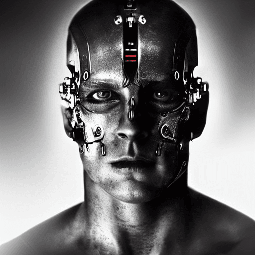 AI generated: face, half-mechanical, cyborg male warrior, looking at camera, dark lighting, sci-fi, hollywood styl...