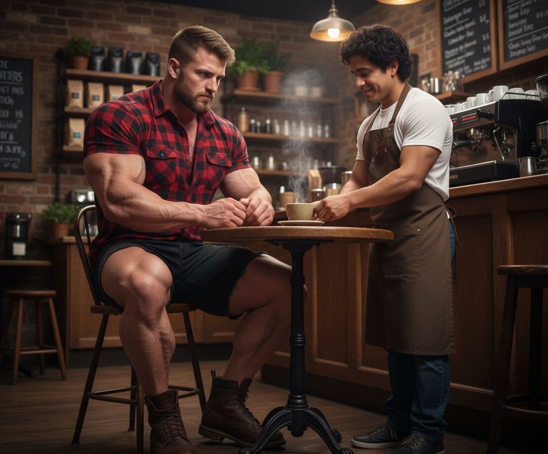 AI generated: Bodybuilder 6"4' tall is seated at a table at the coffee shop, he is wearing a lumberjack shirt shor...