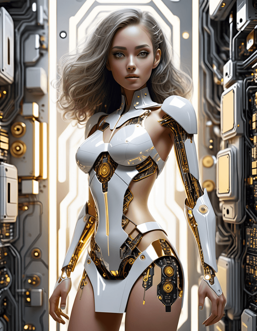 AI generated: digital art, sci-fi fantasy, a sexy robot woman wearing a short skirt, printed circuit board pattern...