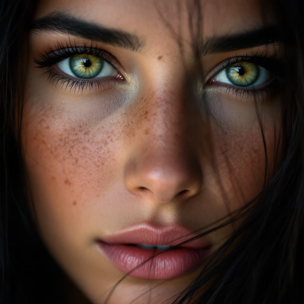 AI generated: A close-up color portrait of an Afghan woman with green eyes, long black hair, the woman's face high...