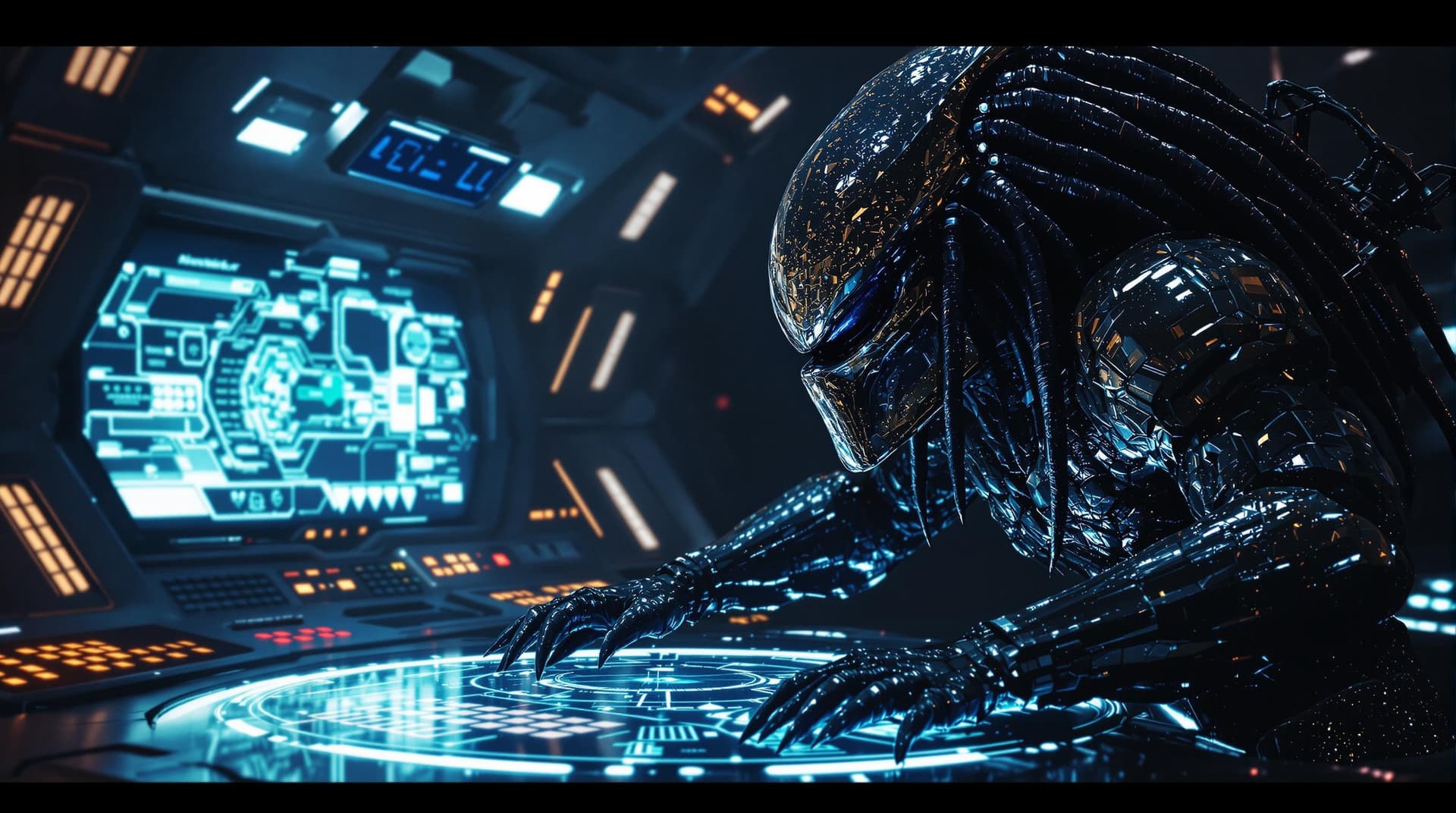 AI generated: a highly detailed cinematic rendering of a predator from the movie alien vs predator, a futuristic h...