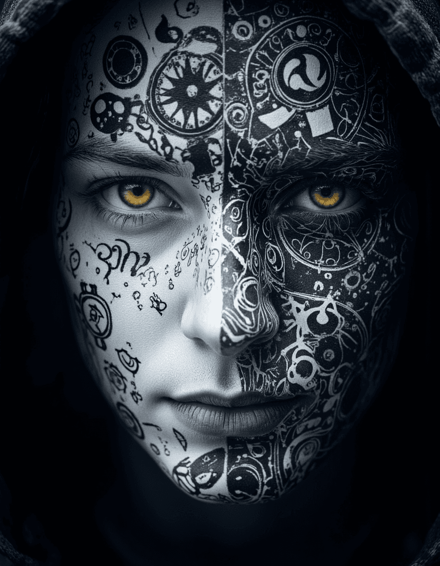 AI generated: A close-up of a face adorned with intricate black and white patterns. The left side of the face is p...