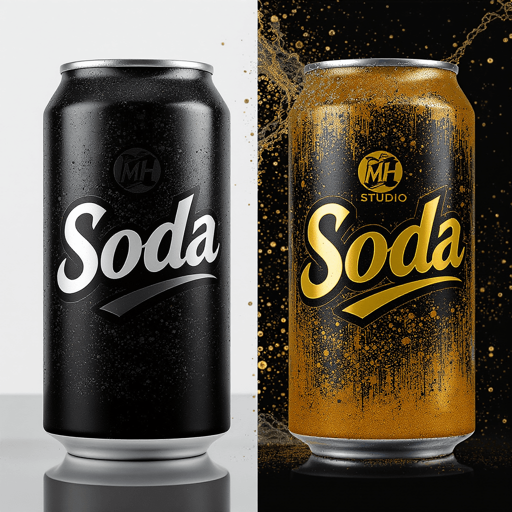 AI generated: product photograph of drink soda "Soda" with the logo of "MH STUDIO" 
the can changes color to blac...